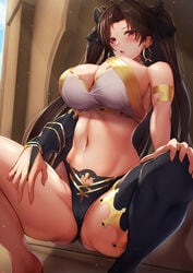 1girls 2021 alternate_breast_size armlet armpit_crease armpits barefoot belly_button black_panties black_thighhighs blush bow bow_in_hair breasts brown_hair cleavage deity earrings fate/grand_order fate_(series) feet_out_of_frame female female_focus female_only goddess hand_on_knee hand_on_thigh highres hoop_earrings huge_breasts indoors ishtar_(fate) legs_open legs_spread long_hair midriff one_thighhigh open_mouth panties red_eyes simple_background squatting thick_thighs thighs tiri_man twintails white_topwear