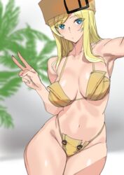 ashiomi_masato bikini blonde_hair blue_eyes breasts cleavage guilty_gear long_hair looking_at_viewer millia_rage navel standing tagme thick_thighs thighs