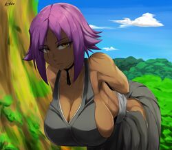 1girls arms_behind_back bent_over black_choker bleach breasts brown_eyes brown_skin choker cleavage dark-skinned_female dark_skin day female female_only grey_hakama hakama hanging_breasts highres hip_vent japanese_clothes kitzu_art landscape large_breasts looking_at_viewer no_bra outdoors purple_hair ribbon_choker shihouin_yoruichi short_hair sideboob solo standing sweat