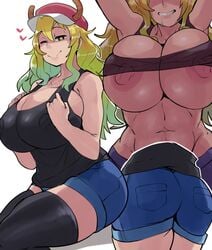 1girls areolae arms_up breasts breasts_out drool female female_focus female_only front_view hearts horu huge_ass huge_breasts humanoid jean_shorts light-skinned_female light_skin looking_at_viewer lucoa miss_kobayashi's_dragon_maid multiple_views nipples pale-skinned_female pale_skin quetzalcoatl_(dragon_maid) saliva seductive short_shorts sideboob simple_background solo solo_female solo_focus thick_thighs thighhighs wide_hips