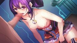 1boy bangs black_choker black_skirt breasts choker collarbone dutch_angle female fingering game_cg hair_between_eyes imminent_fellatio indoors jewelry layered_skirt long_hair nipples official_art open_mouth pendant penis purple_eyes purple_hair shiny shiny_hair sitting skirt small_breasts sora_no_kanata_no_dystopia_x_shitei thighhighs tied_hair tongue tongue_out topless yashino_mai