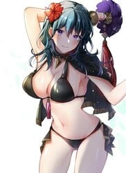 1girls alternate_costume arm_behind_head arm_up armpits ass_visible_through_thighs bangs bare_shoulders bikini black_bikini black_swimsuit blue_eyes blue_hair blush breasts byleth_(fire_emblem) byleth_(fire_emblem)_(female) byleth_(summer)_(fire_emblem)_(female) cape capelet cleavage collarbone dagger female fire_emblem fire_emblem:_three_houses fire_emblem_heroes flower flower_in_hair hair_flower hair_ornament hibiscus highres large_breasts light_skin lipstick looking_at_viewer medium_hair navel nekolook nintendo ns purple_hair red_flower simple_background smile solo swimsuit thighs weapon wet white_background white_skin