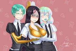 androgynous angry_face blush bort_(land_of_the_lustrous) breasts diamond_(land_of_the_lustrous) embarrassed gem gloves gold hertro holding land_of_the_lustrous looking_at_viewer meme phosphophyllite pseudo_hair servants_holding_aphrodite's_breasts_(meme)