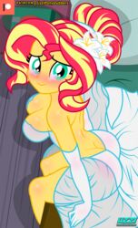 1girls aqua_eyes ass ass_cleavage big_breasts breasts butt_crack cleavage equestria_girls evening_gloves female flower_in_hair friendship_is_magic gloves hasbro long_gloves looking_at_viewer looking_up my_little_pony opera_gloves patreon patreon_logo solo solo_female sunset_shimmer thighs uzzi-ponydubberx wedding wedding_dress