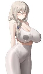 arms_behind_back bangs bare_shoulders blush bra breasts cleavage closed_eyes clothing covered_navel embarrassed eyebrows_visible_through_hair female female grey_hair hair_over_shoulder high_resolution highres huge_breasts k_pring lactation lactation lactation_through_clothes lactation_without_expressing large_breasts long_hair mature_female pants sagging_breasts shirt simple_background sports_bra standing third-party_edit underwear unfinished uzaki-chan_wa_asobitai! uzaki_tsuki wet wet_clothes wet_shirt white_background white_pants yoga_pants