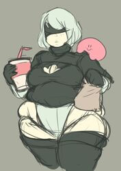 bbw blindfold drink huge_belly kirby kirby_(series) large_breasts leotard mofuuwafuwa nier:_automata nier_(series) obese obese_female overweight overweight_female thick_thighs thighhighs wide_hips yorha_2b