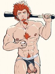 1boy 2020 abs areola areolae balls balls_out bara baseball_(ball) baseball_bat baseball_player beard biceps big_muscles big_penis blue_eyes blue_jockstrap blue_underwear body_hair bulge chest chest_hair chest_tuft danganronpa danganronpa:_trigger_happy_havoc ear_piercing earrings eight_pack eyes facial_hair ginger ginger_hair goatee grey_eyes holding_object human human_only jockstrap jockstrap_only kuwata_leon light-skinned_male light_skin looking_at_viewer looking_away male male_focus male_nipples male_only male_pubic_hair muscle muscles muscular muscular_male muscular_thighs nipple_piercing nipples orange_hair orange_pubes orange_pubic_hair pale-skinned_male pale_skin pecs pectorals penis_out penis_out_of_underwear pierced_genitals pierced_nipples pierced_penis piercing pubes pubic_hair red_hair snaughty_skull solo solo_focus solo_male source_request spiked_hair spiky_hair standing tongue tongue_out tongue_piercing topless underwear underwear_only white_skin