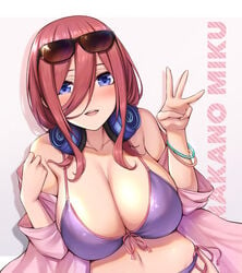 bikini blue_eyes blush brown_hair fou_zi go-toubun_no_hanayome headphones headphones_around_neck large_breasts looking_at_viewer nakano_miku open_mouth paintcan purple_bikini short_hair sunglasses_on_head tongue