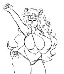 bikini enormous_breasts hat horns huge_breasts miss_kobayashi's_dragon_maid mofuuwafuwa monochrome quetzalcoatl_(dragon_maid) sketch