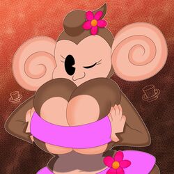 3barts beady_eyes big_breasts big_ears breast_grab breast_press breast_squeeze breasts brown_body brown_fur cleavage dress female female_only flower_in_hair flowers fur huge_breasts large_breasts looking_at_viewer meemee monkey monkey_girl monkey_humanoid primate primate_humanoid seductive seductive_look seductive_smile sega skirt super_monkey_ball tan_skin thick_thighs wide_hips winking winking_at_viewer