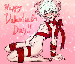 1boy blush bow color danganronpa danganronpa_2:_goodbye_despair english_text femboy happy light_skin looking_at_viewer male male_focus male_only nagito_komaeda open_smile painted_nails pink_background pose pubic_hair red_nails ren_valentine ribbon ribbon_bondage smile smooth_skin solo solo_focus text two_tone_hair valentine's_day wariza wink