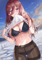 artist_request bikini black_pantyhose black_swimsuit blue_eyes blush brown_hair go-toubun_no_hanayome huge_breasts lifting_shirt long_hair looking_at_viewer nakano_miku panties pantyhose sea see-through_pantyhose