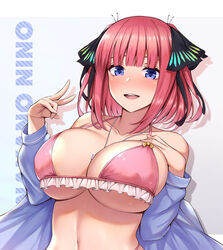 bikini black_ribbon blue_eyes blush fou_zi go-toubun_no_hanayome happy huge_breasts looking_at_viewer nakano_nino open_mouth paintcan pink_bikini pink_hair ribbon short_hair