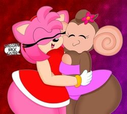 2girls 3barts amy_rose ass big_ass big_breasts big_butt big_ears bottom_heavy bracelet breast_grab breast_press breast_squeeze breasts brown_body brown_fur bubble_ass bubble_butt cleavage dress erinaceinae erinaceinae_humanoid eyelashes fat_ass fat_butt females females_only flower_in_hair flowers gloves hedgehog hedgehog_humanoid huge_ass huge_breasts huge_butt large_ass large_breasts large_butt looking_at_viewer meemee monkey monkey_girl monkey_humanoid pink_body pink_spines primate primate_humanoid red_dress sega skirt sonic_(series) sonic_the_hedgehog_(series) super_monkey_ball tan_skin thick_ass thick_thighs wide_hips