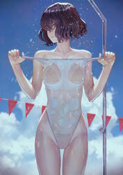 bangs bare_arms bare_legs bare_shoulders black_hair blue_sky bob_cut breasts clothes_pull cloud collarbone competition_swimsuit cowboy_shot day eyebrows eyebrows_behind_hair female green_eyes highleg highleg_swimsuit highres kaoming looking_at_viewer one-piece_swimsuit original outdoors see-through short_hair sky solo swimsuit swimsuit_pull thighs white_swimsuit