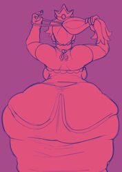 1girls ass breasts clothed clothing crown dress elbow_gloves enormous_ass facing_away fat female female_only gloves huge_ass mario_(series) mofuuwafuwa monochrome nintendo ponytail princess_peach purple_theme simple_background solo standing tied_hair tight_clothing tying_hair wide_hips