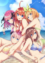 1boy 5girls beach_background big_breasts bikini blue_eyes blush brown_hair go-toubun_no_hanayome happy huge_butt hugging laying_down long_hair looking_at_viewer nakano_ichika nakano_itsuki nakano_miku nakano_nino nakano_yotsuba open_mouth orange_hair pink_hair purple_hair quintuplets red_hair short_hair sisters uesugi_fuutarou