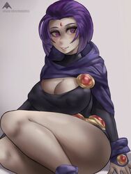 2021 alamanderarts boob_window cleavage dc dc_comics grey_body grey_skin legs purple_clothing purple_hair rachel_roth raven_(dc) smile smooth_skin superheroine teen_titans