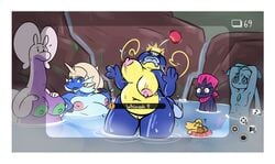 2021 anthro apple bathing belly bouncing_breasts breasts cathy_(junktrashman) closed_eyes female female_focus fish food fruit gameplay_mechanics genitals goodra group hand_on_breast hands_behind_head hi_res hot_spring hud inverted_nipples joltik junktrashman legendary_pokemon male marine narir_(latiar) nintendo nipples nude overweight overweight_anthro overweight_female partially_submerged phione plant pokémon_(species) pokemon pokemon_(species) pokemon_snap pokemorph pussy samurott shocked solo_focus standing text thick_thighs video_games water weavile whiscash