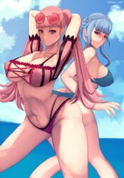 2girls alternate_costume arms_behind_back arms_behind_head ass bangs bikini black_bikini blue_bikini blue_hair blue_swimsuit braid breasts brown_eyes cleavage confident eyewear eyewear_on_head female_only fire_emblem fire_emblem:_three_houses fire_emblem_heroes fireplace frown hartman_hips hilda_valentine_goneril hilda_valentine_goneril_(summer) large_ass large_breasts light_blue_hair long_hair looking_at_viewer marianne_von_edmund marianne_von_edmund_(summer) micro_bikini multiple_girls nintendo pink_bikini pink_eyes pink_hair pink_swimsuit pose short_hair sideboob smile sunglasses sunglasses_on_head sweat swimsuit twintails wet wide_hips zelc-face