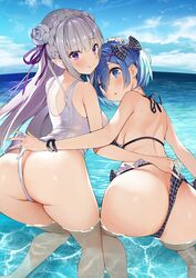 ass ass_focus beach beach_background big_ass big_butt bikini black_bikini blue_eyes blue_hair blush breasts elf_ears elf_female emilia_(re:zero) gaou happy long_hair looking_at_viewer pointy_ears purple_eyes purple_ribbon re:zero_kara_hajimeru_isekai_seikatsu rem_(re:zero) sea short_hair white_bikini white_hair