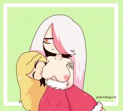 2girls blonde_hair breast_sucking breasts cute fnafhs fnafhs_z3ro joy_(fnafhs) meg_(fnafhs) multiple_girls pink_nipples sucking_nipples white_hair yellow_eyes yuri