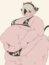 bbw beauty_mark bikini blindfold blush cow_print enormous_ass enormous_belly enormous_thighs fat headband huge_ass huge_belly large_breasts mofuuwafuwa nier:_automata nier_(series) obese obese_female overweight overweight_female sweat sweatdrop tail thick_thighs white_hair yorha_2b