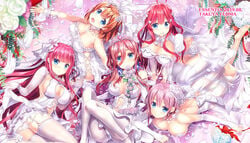 5girls big_breasts blue_eyes blush brown_hair go-toubun_no_hanayome happy large_breasts laying_down legs_up long_hair looking_at_viewer multiple_girls nakano_itsuki nakano_miku nakano_nino nakano_yotsuba orange_hair pink_hair purple_hair quintuplets red_eyes short_hair sisters stockings thick_thighs very_long_hair wedding_dress wedding_gloves white_dress white_gloves white_stockings