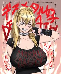 armlet bakunyuu barbed_wire black_choker black_collar black_gloves black_shirt blonde_hair bounce bouncing_breasts bracelet breasts brown_eyes brown_hair bursting_breasts choker cleavage clenched_teeth collar collarbone covered_erect_nipples crop_top cropped_shirt cross cross_earrings earrings erect_nipples erect_nipples_under_clothes female female_focus fingerless_gloves fusano_tomoka gloves goth hair_between_eyes hand_signs highres huge_breasts huge_nipples japanese_text jewelry long_hair makeup metalhead milk_junkies milk_junkies_2 morbid_angel_(band) motion_lines narrow_waist nipples nipples_bulge no_bra one_eye_closed original original_character pentagram puffy_nipples punk punk_rock punkish_gothic shaking shiny shiny_hair shiny_skin shirt short_sleeves simple_background solo sparkle spiked_armlet spiked_choker spiked_collar spikes studded_bracelet studded_choker studded_collar tatsunami_youtoku taut_clothes taut_shirt teeth tight tight_shirt translation_request upper_body v-shaped_eyebrows voluptuous wink