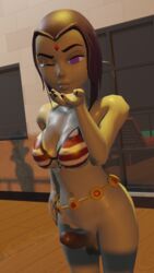 1girls 3d big_breasts bikini_top blender blowing_kiss breasts dc dc_comics fake_prince female futa_only futanari purple_eyes purple_hair rachel_roth raven_(dc) solo solo_female solo_futa teen_titans winking