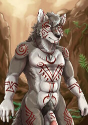 2021 5_fingers abs anthro arm_markings athletic athletic_anthro athletic_male balls baroque_(artist) black_nose canid canine canis chest_markings claws digital_media_(artwork) ear_markings facial_markings finger_claws fingers flaccid fur genital_markings genitals grey_body grey_fur head_markings hi_res humanoid_hands jewelry leg_markings looking_at_viewer male mammal markings nature navel necklace necklace_only nipples nude outside pecs penis penis_markings portrait pubes red_eyes red_markings shoulder_markings signature solo three-quarter_portrait tooth_necklace tribal tribal_markings wolf