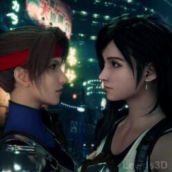 2girls 3d animated black_hair blender brown_hair caress closed_eyes clothed clothed_female earrings eye_contact female female_only final_fantasy final_fantasy_vii final_fantasy_vii_remake fingerless_gloves french_kiss hand_on_another's_face headband holding jessie_rasberry kissing lesbian lewds3d light-skinned_female long_hair looking_at_partner no_sound ponytail red_eyes saliva saliva_string saliva_trail square_enix tifa_lockhart tongue_out touching video yuri