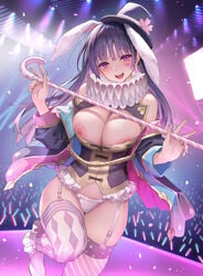 animal_ears bare_shoulders breasts breasts_out cane collar comic comic_anthurium corset detached_sleeves facial_tattoo garter_straps hat heart heart_tattoo idol large_breasts leg_up legs_together lingerie looking_at_viewer magical_girl michiking nail_polish open_clothes original panties pink_eyes purple_hair rabbit_ears seductive_smile smile stage tattoo theater thighhighs top_hat underwear white_panties