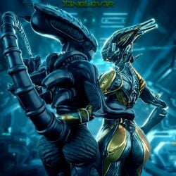 2girls 3d alien alien_(franchise) alien_girl arm_around_waist armor ass backside big_ass big_butt butt crossover duo duo_female excella female female_focus female_only female_xenomorph humanoid large_ass large_butt no_humans oc robot robot_girl scalie sharp_teeth smile spiked_collar tail teeth thekidxeno thick thick_ass thick_thighs thighs valkyr_(warframe) warframe watermark wide_hips x3no_lover xenomorph