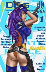 1girls ass big_ass big_breasts breasts death_maiden_squad female female_focus female_only fully_clothed g8rchas galactic_police green_eyes gun large_breasts looking_at_viewer looking_back magazine magazine_cover one-piece original original_character pistol pixiv police police_badge police_uniform purple_hair sage_barepaw seductive seductive_look sideboob solo solo_female solo_focus tan tan-skinned_female