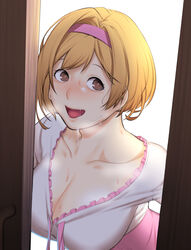 :d after_fellatio answering_door blonde_hair blush bob_cut breasts brown_eyes cleavage cum djeeta_(granblue_fantasy) door dyun embarrassed facial female granblue_fantasy hairband highres implied_after_fellatio implied_fellatio large_breasts looking_at_viewer open_door open_mouth opening_door pink_hairband pink_skirt pov_doorway shirt short_hair simple_background skirt smile solo stray_pubic_hair white_background white_shirt wide-eyed