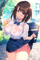 backpack big_ass big_breasts blue_eyes bowtie bra brown_hair button_down_shirt child_bearing_hips cleavage complex_background fountain hairpin huge_breasts japanese_clothes panties pink_bra school_uniform scrunchie see-through see-through_clothing short_hair skirt skirt_lift smile thick_thighs trees wet wet_clothing wet_shirt white_shirt wide_hips yellow_scrunchie