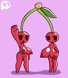 2girls anthro big_breasts breasts cherry duo duo_focus female female_focus female_only flora_fauna fruit hand_on_breast large_breasts looking_at_viewer multiple_girls naked nipples nude nude_female nudity open_mouth pink_background plantie pussy red_body screwroot waving waving_at_viewer