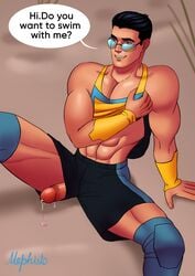 1boy abs asian_male bara black_hair brown_eyes erection exposed_penis gay glasses invincible invincible_(comics) knee_pads leaning_on_hand looking_to_the_side male_only mark_grayson mephisto mephisto(artist) muscles muscular_male pecs penis_out precum_drip shirt_up shorts speech_balloon spread_legs sunglasses sweat t-shirt wrist_cuffs