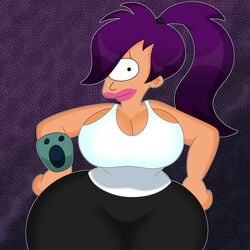 1_eye 1girls 3barts alien alien_girl ass breasts cameltoe cleavage curvaceous curvy cyclops eyelashes female female_only futurama hair hands_on_hips huge_ass large_breasts leggings lips lipstick looking_at_viewer pink_lipstick ponytail pose purple_hair simple_background smile solo solo_female sweatpants tank_top thick_thighs tight_clothing turanga_leela wrist_cuff