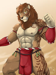 2021 3:4 5_fingers abs anthro arm_markings arm_tattoo athletic athletic_anthro athletic_male bare_chest baroque_(artist) bottomwear bulge clothed clothing detailed_bulge digital_media_(artwork) facial_markings facial_tattoo felid fingers fur genital_outline head_markings hi_res leg_markings leg_tattoo lion loincloth looking_at_viewer male mammal mane markings muscular muscular_anthro muscular_male navel nipples pantherine pecs penis_outline red_mane red_markings red_tattoo shoulder_markings shoulder_tattoo signature solo tan_body tan_fur tattoo teeth thigh_marking thigh_tattoo topless topless_male tribal tribal_clothing tribal_markings tribal_tattoo yellow_eyes