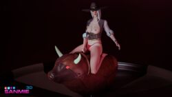 1girls 3d ashe_(overwatch) blender bull_riding cowboy_hat exposed_breasts female female_only mechanical_bull overwatch panties sanmie3d solo tagme thong