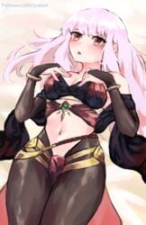 1girls absurdres alternate_costume bandeau bangs bare_shoulders black_gloves black_legwear blush bodystocking breasts bridal_gauntlets cleavage commentary cosplay cowboy_shot dancer dorothea_arnault_(cosplay) dorothea_arnault_(plegian)_(cosplay) elbow_gloves english_commentary fire_emblem fire_emblem:_three_houses fire_emblem_heroes gloves hand_on_own_breast hands_up highres long_hair looking_at_viewer lysithea_von_ordelia medium_breasts navel nintendo on_back open_mouth paiiart pantyhose parted_lips pink_eyes pink_hair plegian red_eyes shawl solo stomach thighs