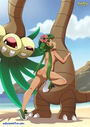 1boy 1girls alolan_exeggutor ass back beach exeggutor female flower flower_in_hair game_freak green_hair human male mallow_(pokemon) open_mouth outside pokémon_(species) pokemon pokemon_(species) pokemon_sm pokepornlive pussy pussy_juice sex shoes sideboob