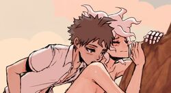 2boys ahoge bangs biting blush brown_hair closed_eyes collarbone color danganronpa danganronpa_3 english_commentary from_behind gay hinata_hajime implied_sex male male_focus male_only messy_hair multiple_boys nagito_komaeda nude open_clothes open_shirt prosthetic prosthetic_arm public robotic_arm sex sex_from_behind shirt short_hair short_sleeves single_mechanical_arm standing straight_hair white_hair yaoi yndr4hope