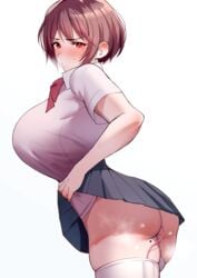 big_ass big_breasts blush c-kyuu dress_shirt eyebrows_visible_through_hair female huge_breasts mole mole_under_eye no_panties red_eyes school_uniform schoolgirl sex_toy short_hair shy skirt skirt_lift student thick_ass thick_thighs very_short_hair