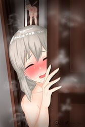 1girls ass behind_door bent_over big_ass blush closed_eyes female female_only lord_lince nude solo sweat tagme uzaki-chan_wa_asobitai! uzaki_tsuki white_hair