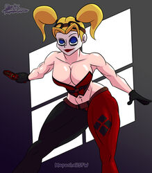 1girls abs belly_button big_breasts blonde_hair blue_eyes breasts bustier cleavage clothing corset dc dc_comics female female_only fully_clothed gun harley_quinn human injustice_2 legs mapashonsfw pistol solo thick_thighs thighs tight_clothing white_body white_skin