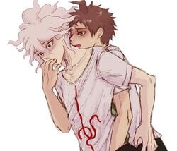 2boys blush brown_eyes brown_hair collarbone color danganronpa danganronpa_2:_goodbye_despair english_commentary finger_in_another's_mouth fingers_in_mouth from_behind gay hand_in_pants hinata_hajime licking male male/male male_focus male_only multiple_boys nagito_komaeda open_mouth simple_background sketch straight_hair surprised t-shirt white_background wide_eyed yaoi yndr4hope