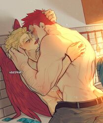 2boys arm_hair ass bara beard blonde_hair blue_eyes clothes_pull completely_nude couple cum cum_on_body cum_on_boy endeavor_(my_hero_academia) enji_todoroki erection facial_hair french_kiss from_behind from_side grabbing half-closed_eyes hand_on_another's_head hanta96 hawks_(my_hero_academia) jewelry keigo_takami kissing male_focus male_only mature_male multiple_boys muscular muscular_male my_hero_academia nude pants pants_pull penis red_hair red_wings ring scar scar_across_eye shirtless short_hair sideburns spiked_hair stubble sweat tongue tongue_out upper_body wings yaoi